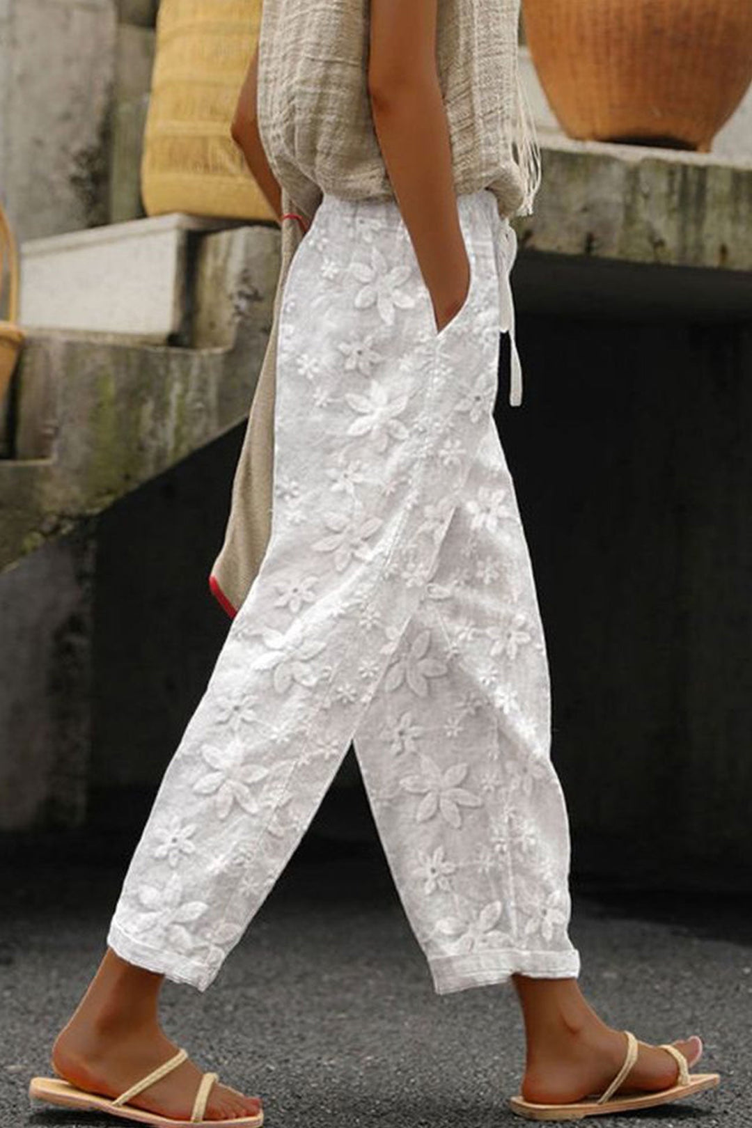 Volledig Geborduurde Cropped Broek met Trekkoord-Wijde Broeken-Calora-Wit-S-Calora