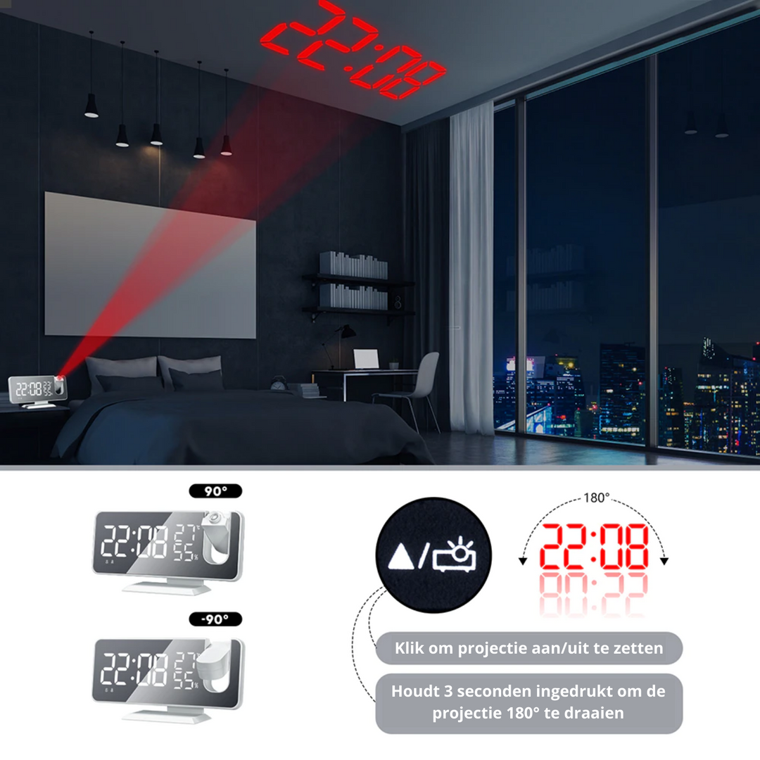 CALORA_ Voltify | Alarmklok met LED Scherm - 180° Projector - USB lader