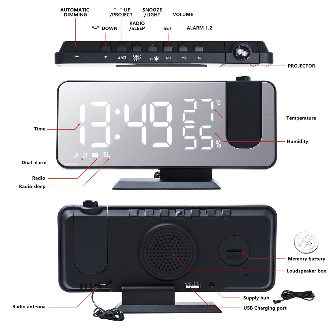 CALORA_ Voltify | Alarmklok met LED Scherm - 180° Projector - USB lader