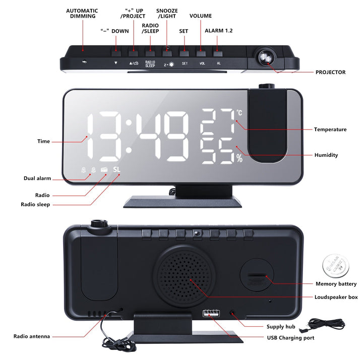 CALORA_ Voltify | Alarmklok met LED Scherm - 180° Projector - USB lader