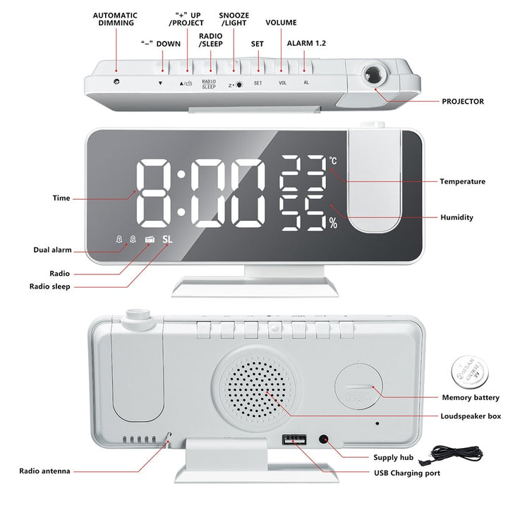 CALORA_ Voltify | Alarmklok met LED Scherm - 180° Projector - USB lader