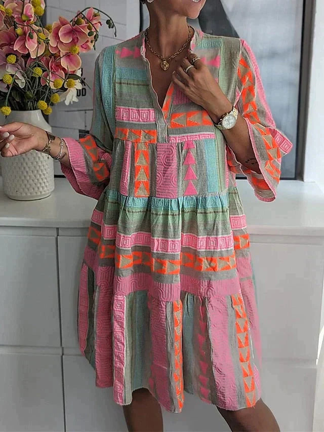 CALORA_ Vrouwen Bohemian Midi Jurk met Losse Pasvorm en Gelaagde Rokken