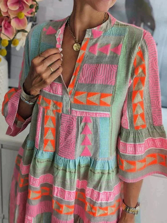 CALORA_ Vrouwen Bohemian Midi Jurk met Losse Pasvorm en Gelaagde Rokken