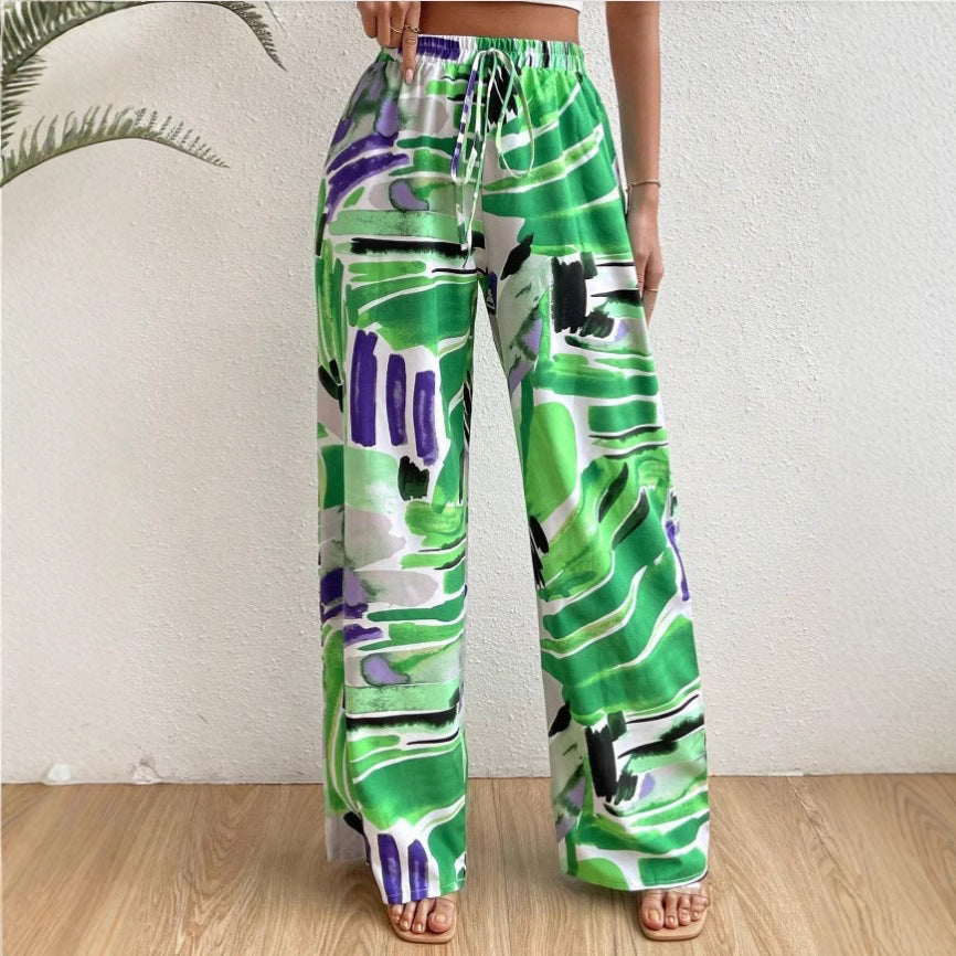 CALORA_ Vrouwen Brede Pijpenbroek met Abstracte Print en Elastische Taille