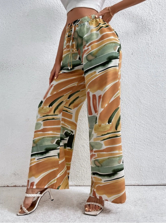 CALORA_ Vrouwen Brede Pijpenbroek met Abstracte Print en Elastische Taille