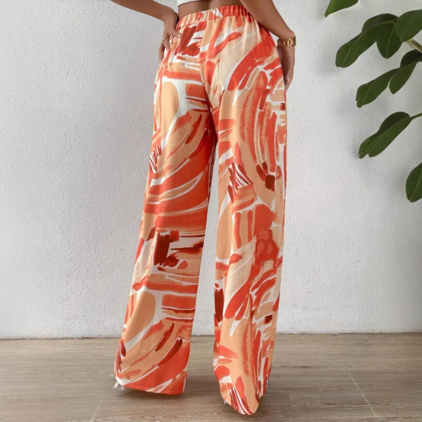 CALORA_ Vrouwen Brede Pijpenbroek met Abstracte Print en Elastische Taille