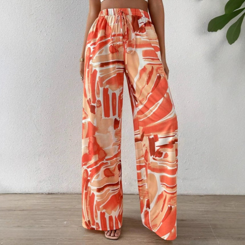 CALORA_ Vrouwen Brede Pijpenbroek met Abstracte Print en Elastische Taille