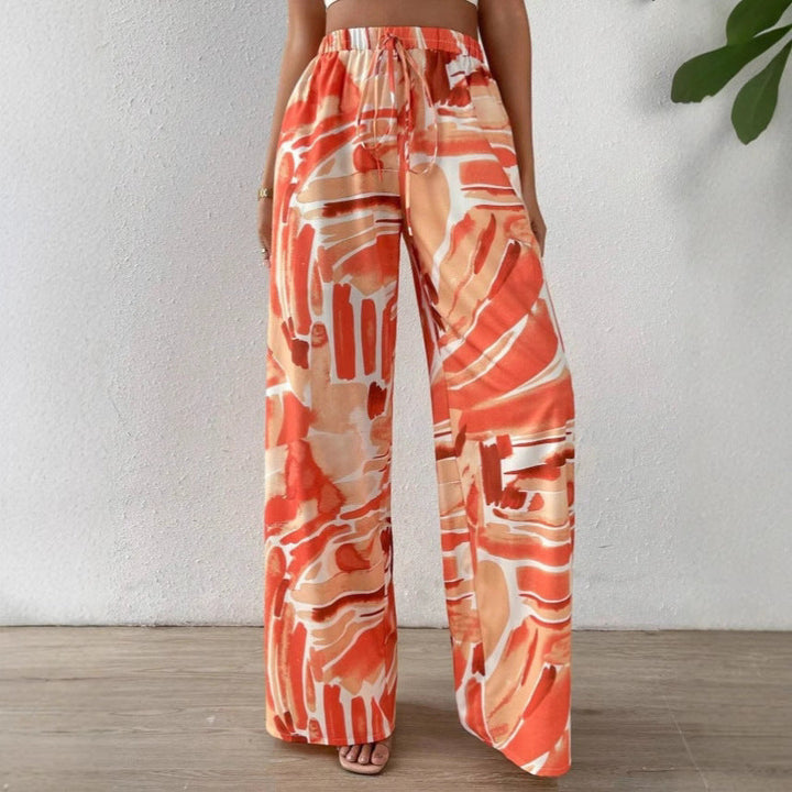 CALORA_ Vrouwen Brede Pijpenbroek met Abstracte Print en Elastische Taille