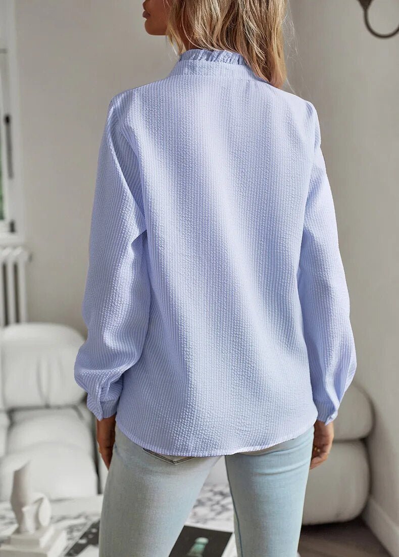 Wies | Elegante lange mouwen blouse met manchetkraag-Blouses-Calora-Blauw-S-Calora