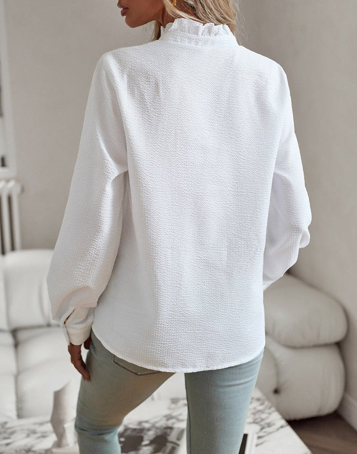 Wies | Elegante lange mouwen blouse met manchetkraag-Blouses-Calora-Blauw-S-Calora