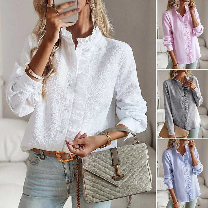 Wies | Elegante lange mouwen blouse met manchetkraag-Blouses-Calora-Blauw-S-Calora