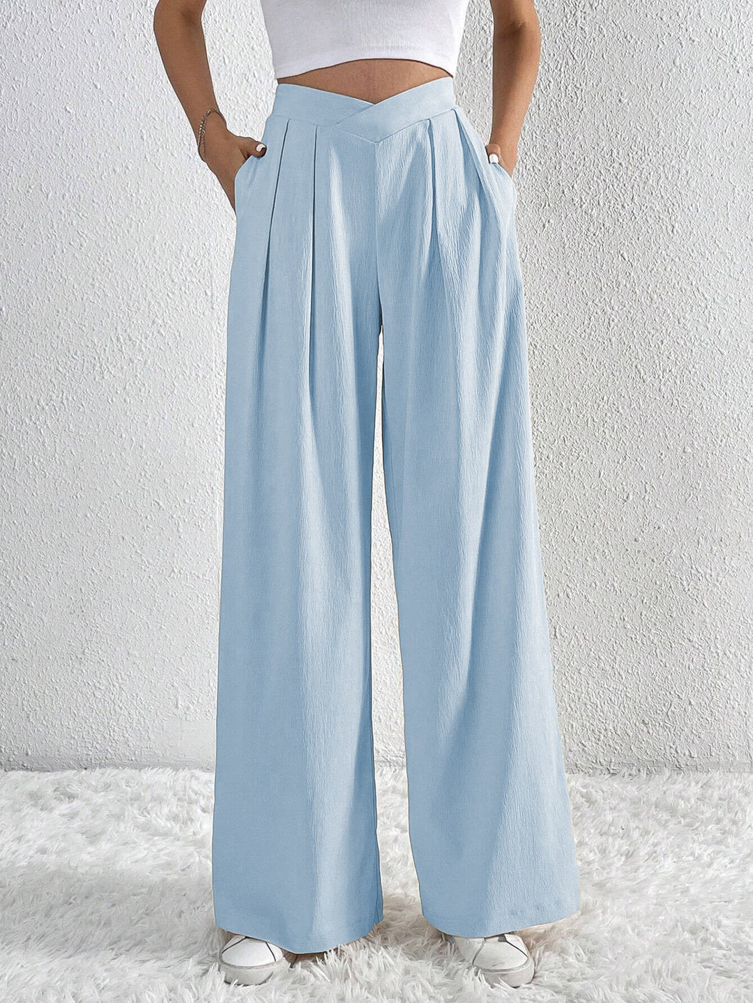 Wijde broek met zakken en hoge taille-Wijde Broeken-Calora-Lichtblauw-S-Calora