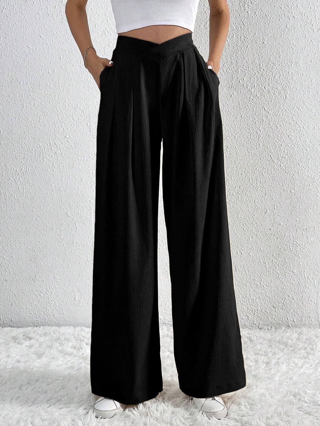 Wijde broek met zakken en hoge taille-Wijde Broeken-Calora-Zwart-S-Calora