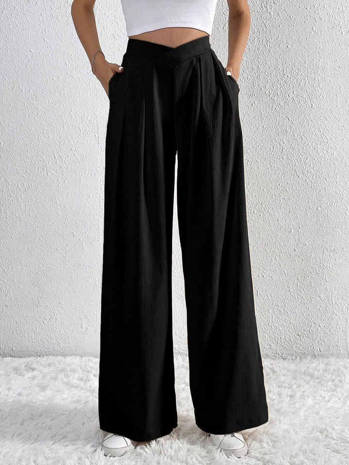 Wijde broek met zakken en hoge taille-Wijde Broeken-Calora-Zwart-S-Calora