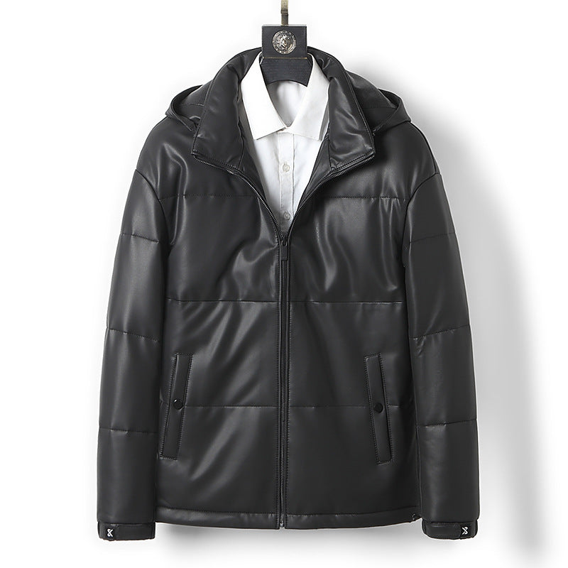 CALORA_ Winter Herenjas van Leer met Capuchon en Donsvoering