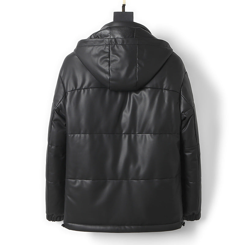 CALORA_ Winter Herenjas van Leer met Capuchon en Donsvoering
