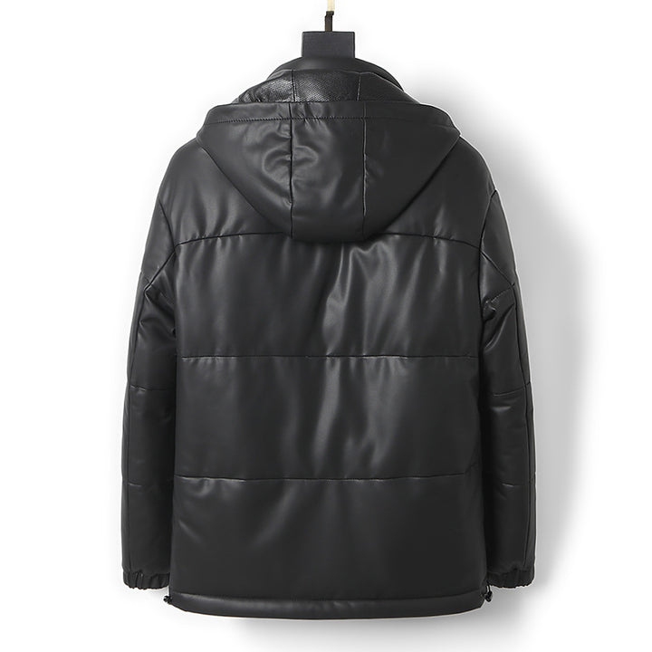CALORA_ Winter Herenjas van Leer met Capuchon en Donsvoering