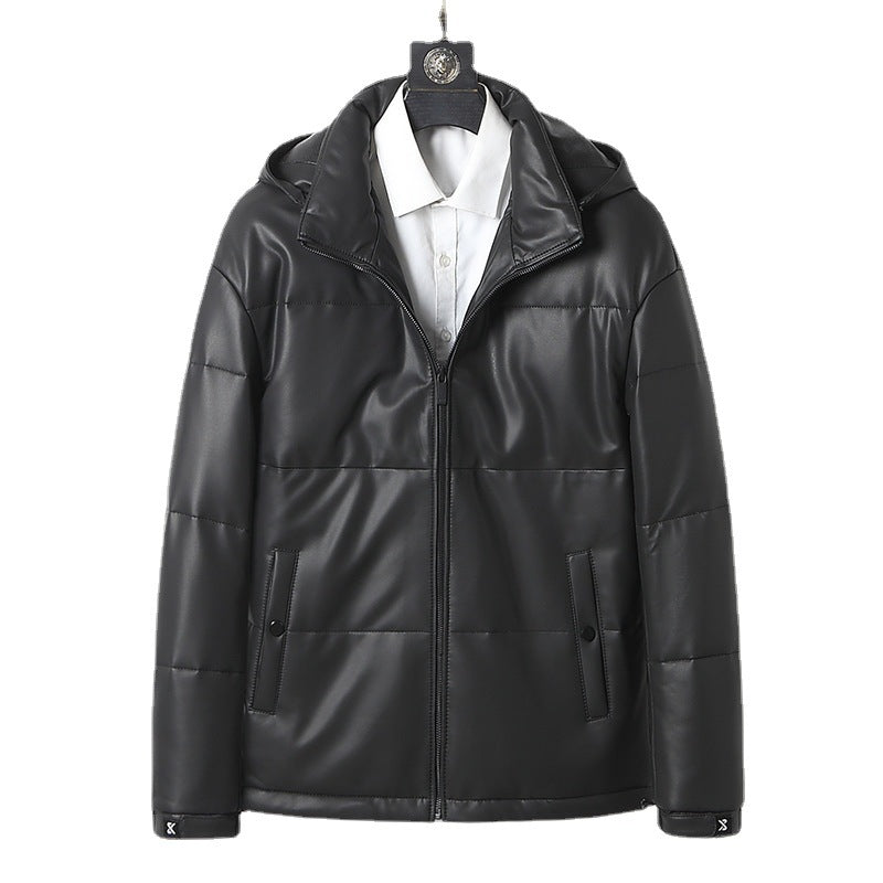 CALORA_ Winter Herenjas van Leer met Capuchon en Donsvoering