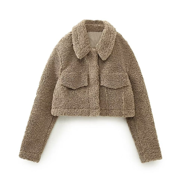 Winterjas van zachte fleece met kraag-Zomer Jassen-Calora-Khaki-S-Calora