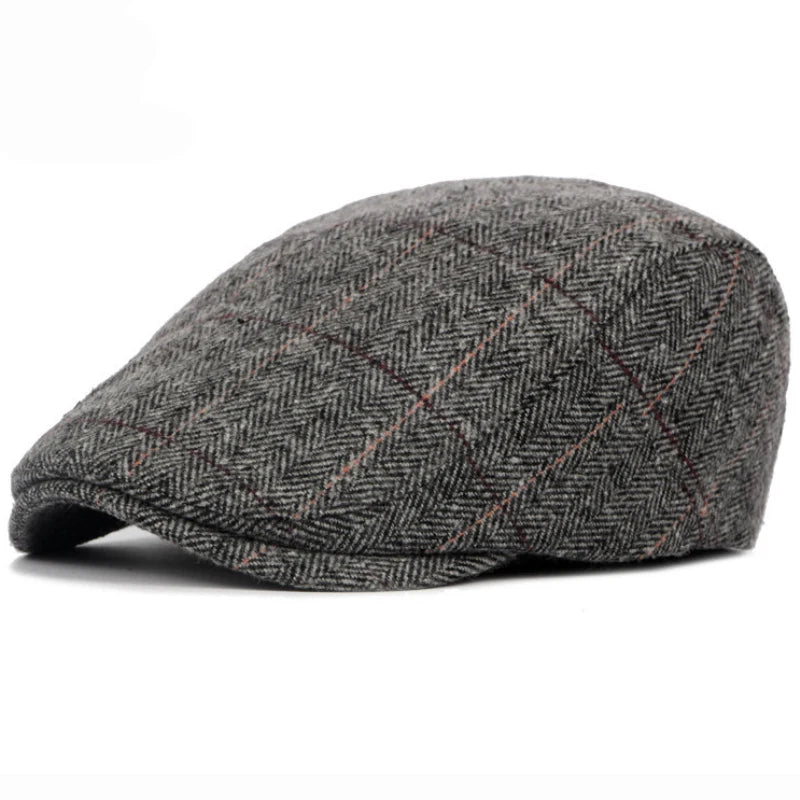 Wollen Beret Hoed Retro Ruit Patroon-Petten-Calora-Grijs-55-59cm-Calora