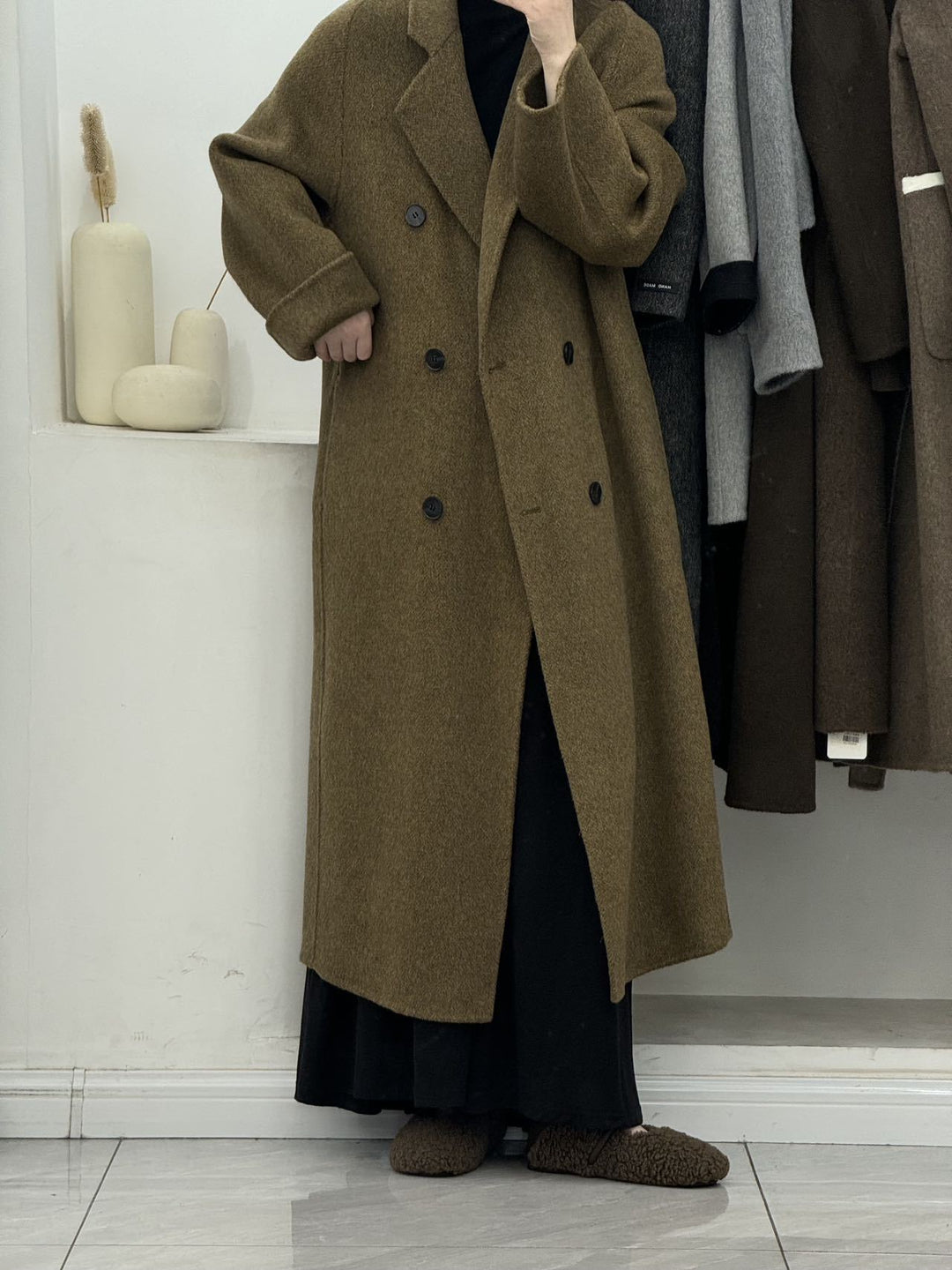 CALORA_ Wollen Lange Winter Jas met Dubbele Borst in plus maat