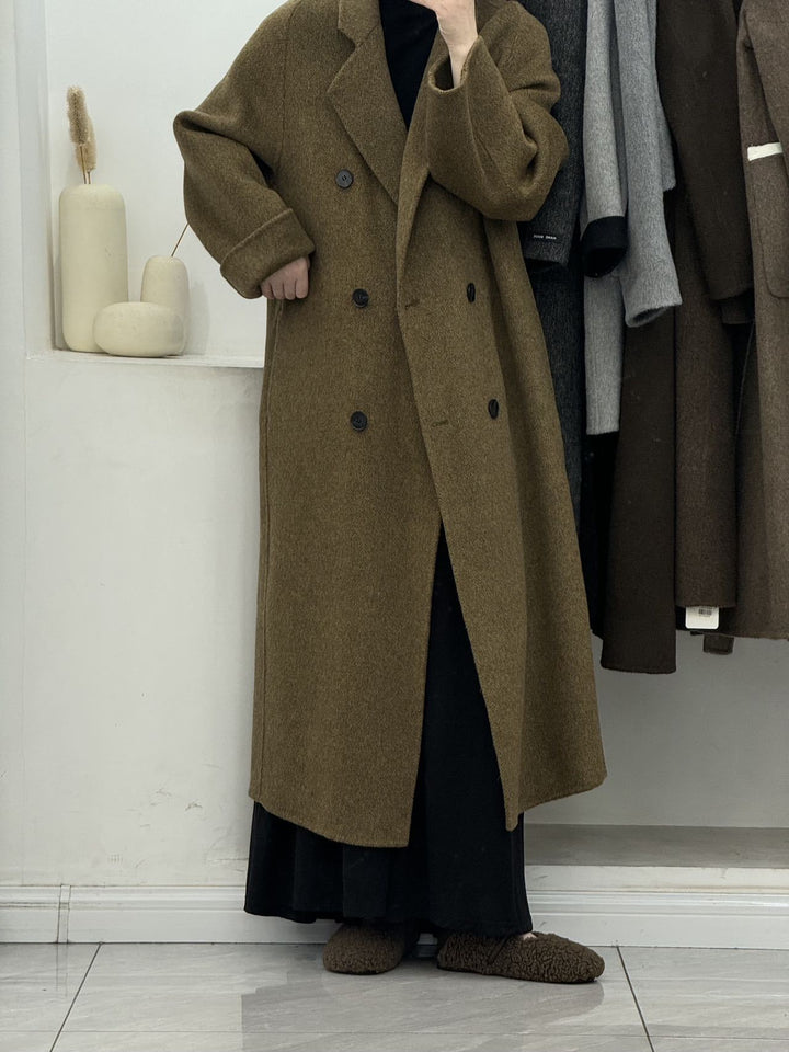 CALORA_ Wollen Lange Winter Jas met Dubbele Borst in plus maat