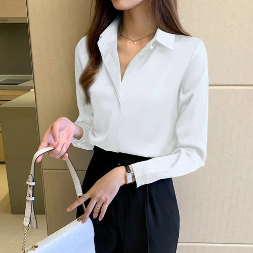 Ysela | Stijlvolle elegante satijnen blouse-Blouses-Calora-Wit-S-Calora