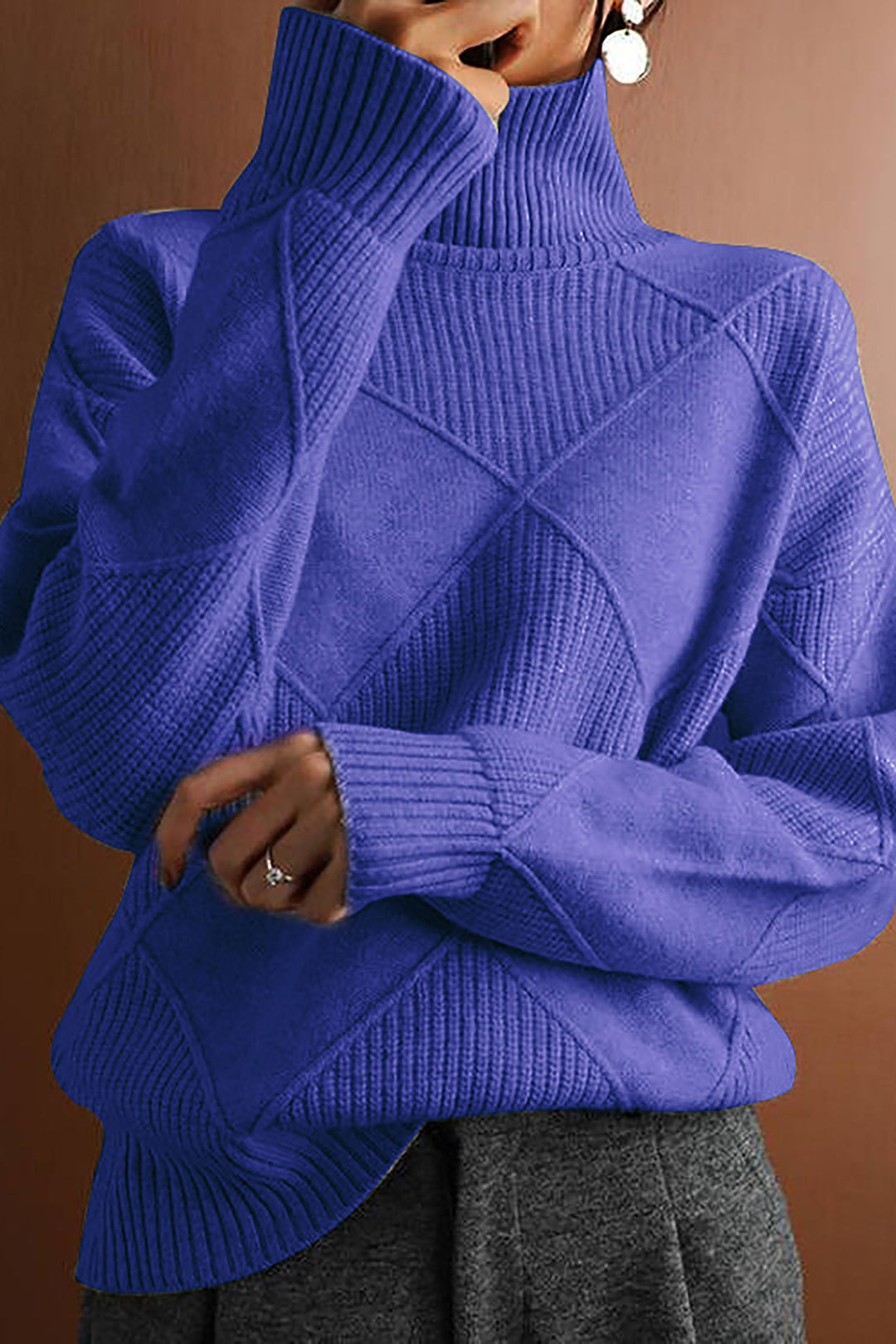 Yvette | Dames trui met hoge kraag en ruitmotief-Blazers & Vesten-Calora-Blauw-S-Calora