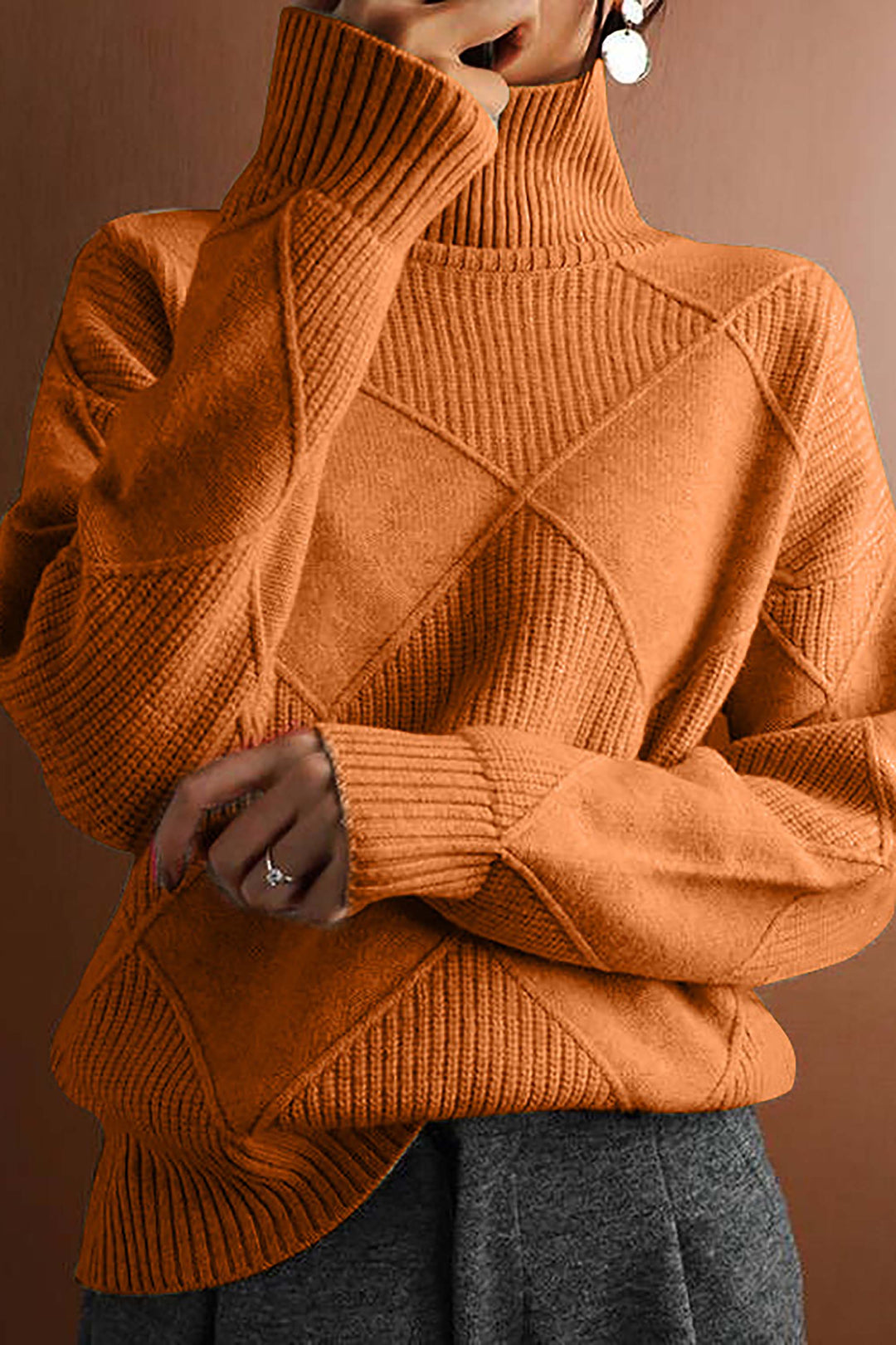 Yvette | Dames trui met hoge kraag en ruitmotief-Blazers & Vesten-Calora-Oranje-bruin-S-Calora