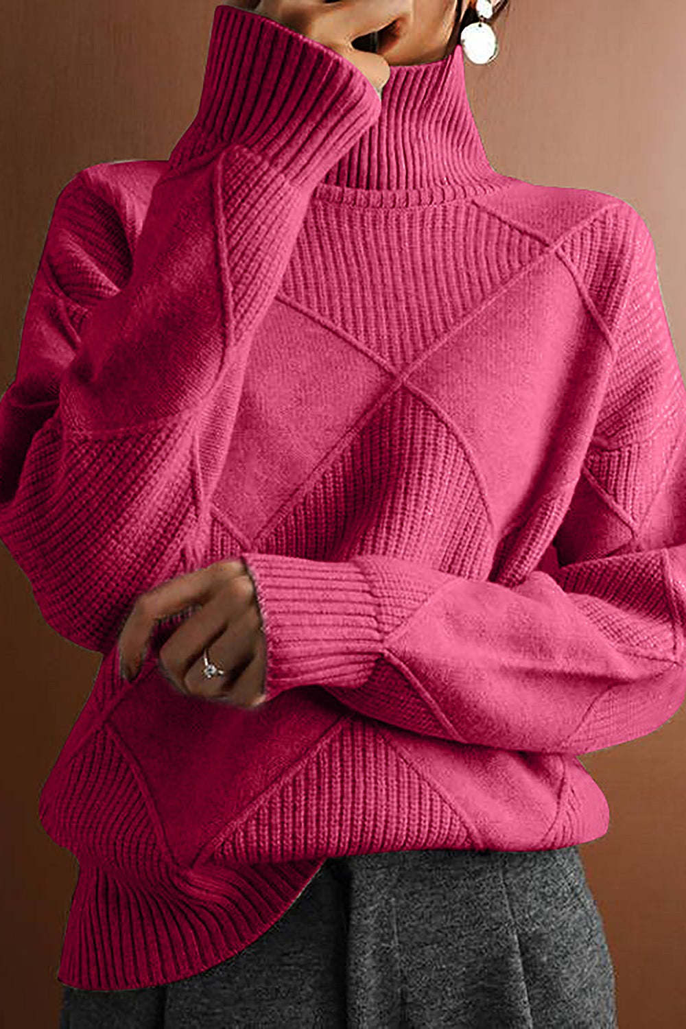 Yvette | Dames trui met hoge kraag en ruitmotief-Blazers & Vesten-Calora-Roze-S-Calora