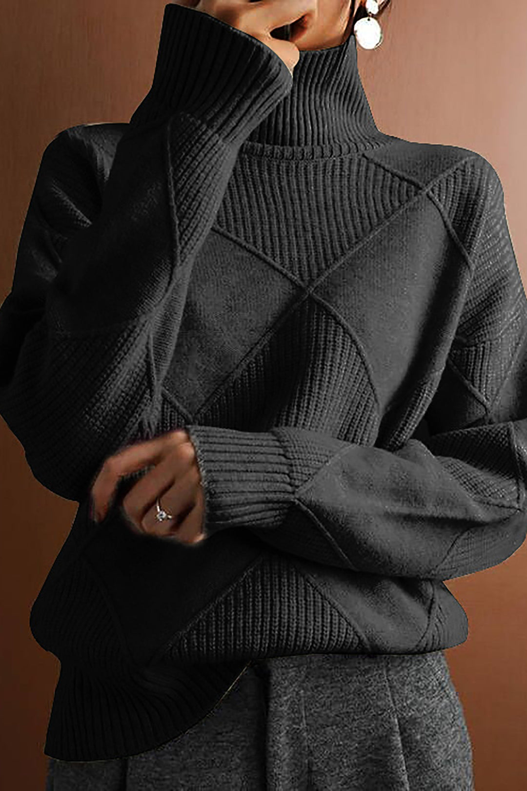 Yvette | Dames trui met hoge kraag en ruitmotief-Blazers & Vesten-Calora-Zwart-S-Calora
