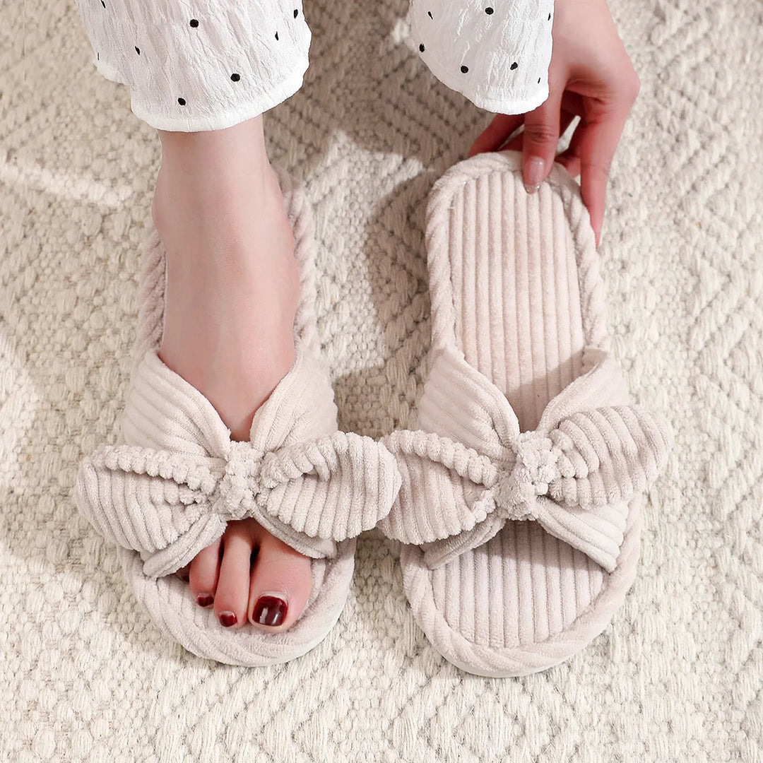 Zachte Corduroy Slippers met Strik voor Thuiscomfort-Slippers-Calora-Beige-36-37-Calora