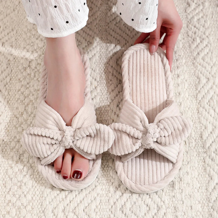 Zachte Corduroy Slippers met Strik voor Thuiscomfort-Slippers-Calora-Beige-36-37-Calora