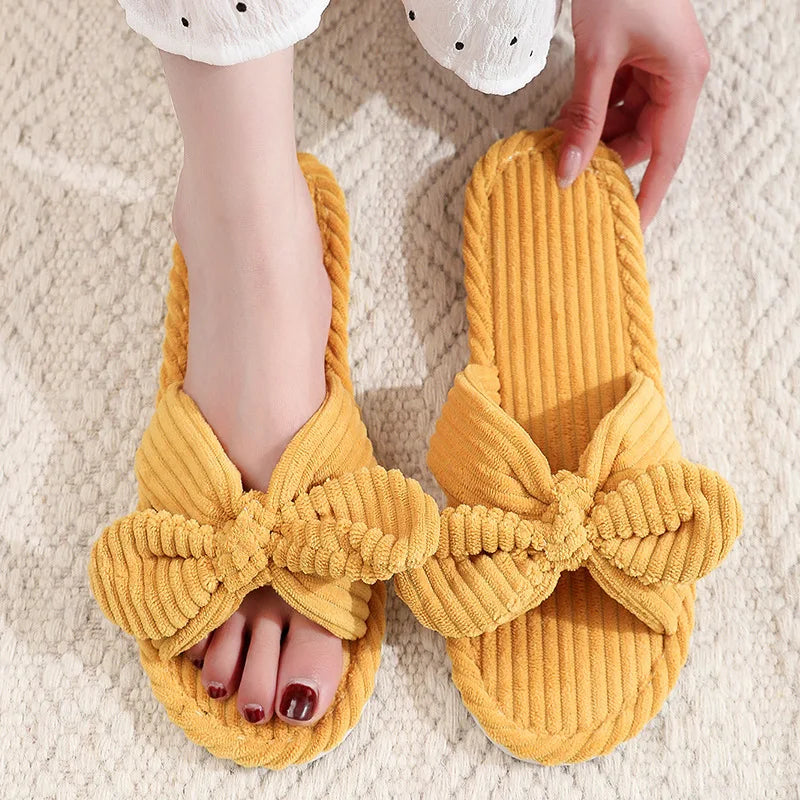 Zachte Corduroy Slippers met Strik voor Thuiscomfort-Slippers-Calora-Geel-36-37-Calora