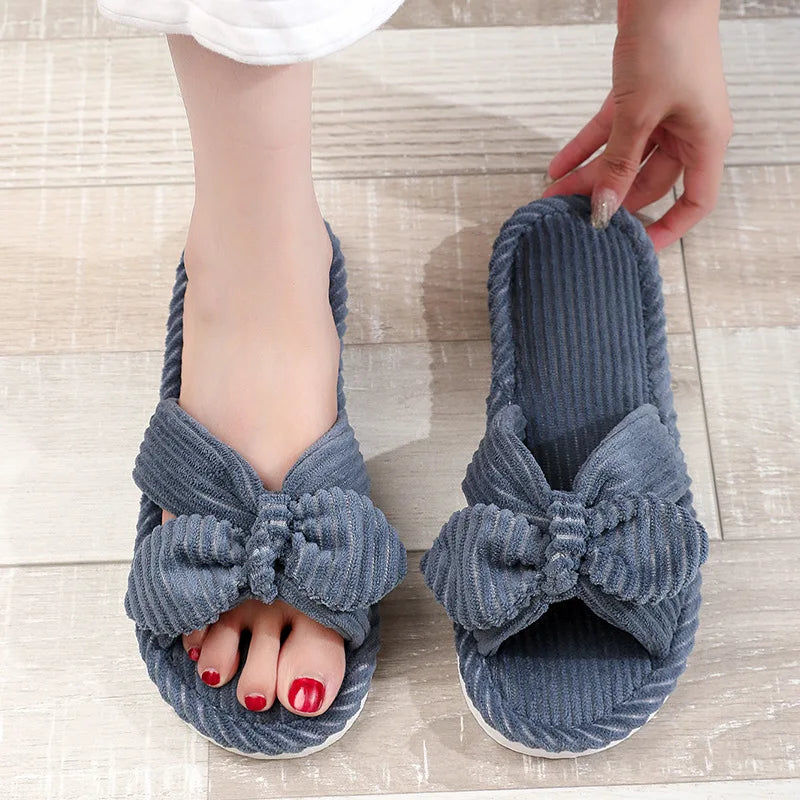 Zachte Corduroy Slippers met Strik voor Thuiscomfort-Slippers-Calora-Grijs-36-37-Calora