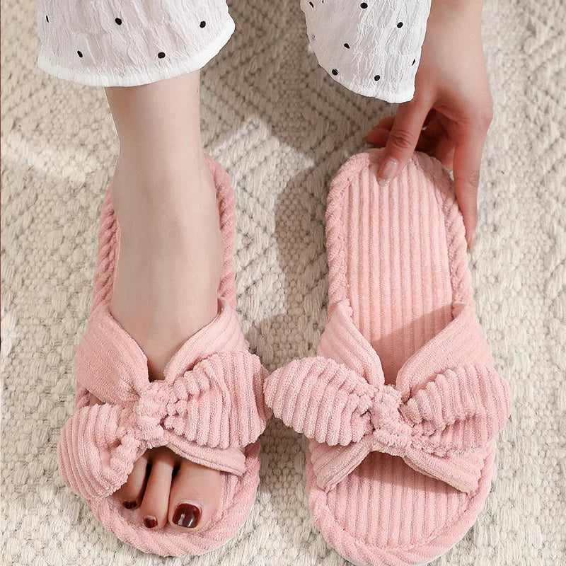 Zachte Corduroy Slippers met Strik voor Thuiscomfort-Slippers-Calora-Roze-36-37-Calora