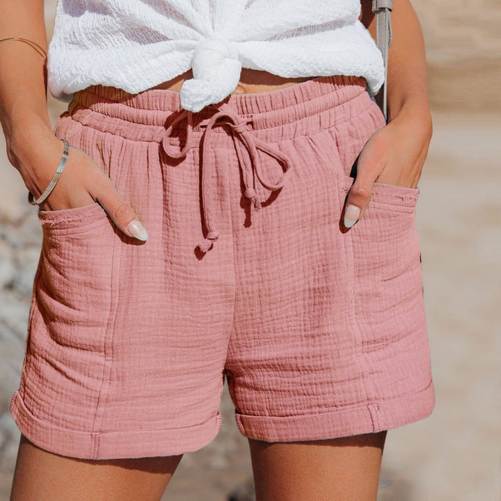 Zachte Katoenen Zomer Short Dames – Gekreukeld effect met Trekkoord-Korte Broeken-Calora-Roze-S-Calora