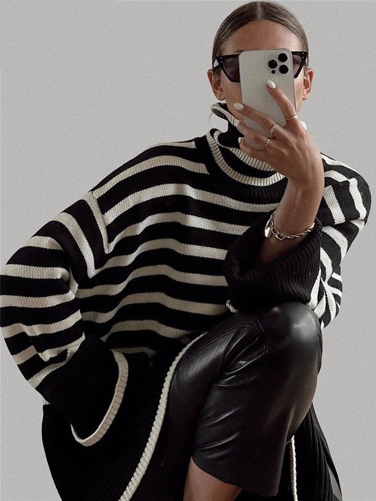 Zebra | Stijlvolle Gestreepte Trui-Shirts & Topjes-Calora-Zwart-S-Calora