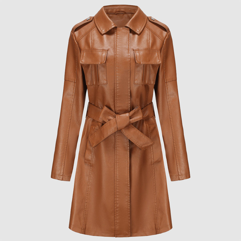 Zélie | leren jas van gemiddelde lengte voor dames met riem-Leren Jassen-Calora-Khaki-S-Calora