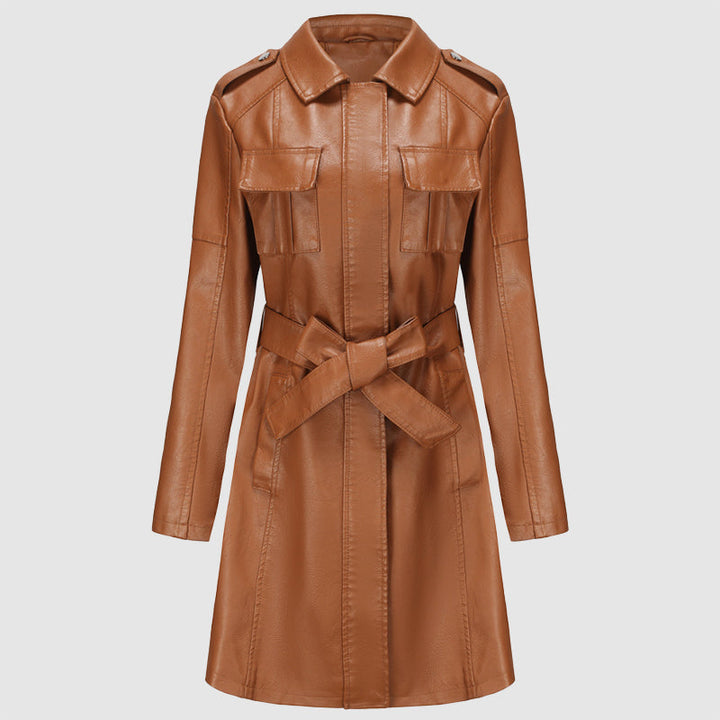 Zélie | leren jas van gemiddelde lengte voor dames met riem-Leren Jassen-Calora-Khaki-S-Calora
