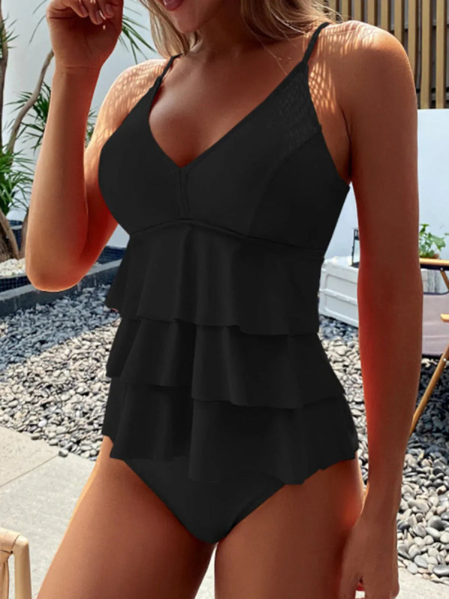 Zomer Tankini Badpak met Ruffles en Buikbedekking-Zwemkleding-Calora-Zwart-S-Calora